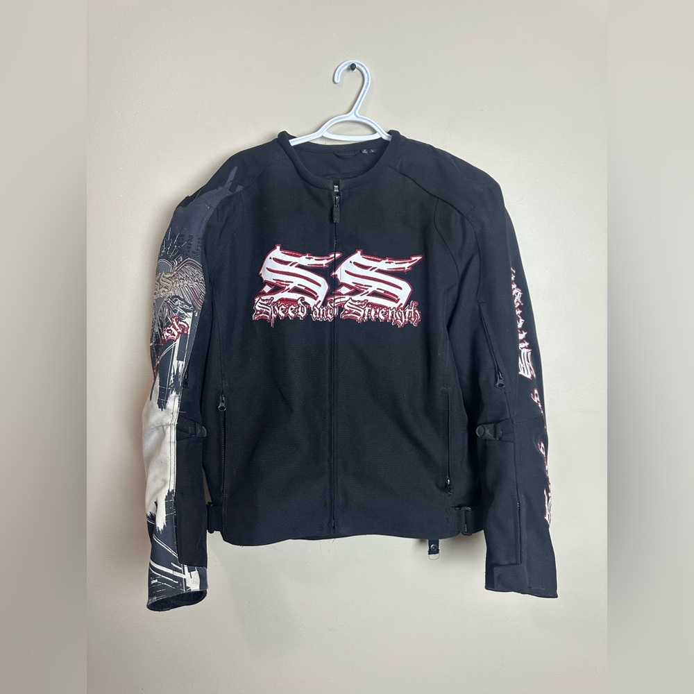 Speed and strength Size L Black Motorcycle Jacket with Graphic Design